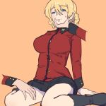  1girl arm_support black_footwear black_skirt blonde_hair blue_eyes braid breasts darjeeling_(girls_und_panzer) disembodied_limb french_braid girls_und_panzer hair_between_eyes hand_on_another&#039;s_face hand_on_another&#039;s_thigh highres huaronanago jacket large_breasts parted_lips red_jacket sitting skirt solo st._gloriana&#039;s_military_uniform sweatdrop tan_background yokozuwari 