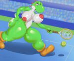  anthro ball blue_eyes blush bodily_fluids breasts detailed_background female goldcrustedchicken green_body mario_bros multicolored_body nintendo nipples open_mouth playing solo sweat tennis_ball two_tone_body video_games white_body yoshi 