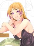  1girl african_rock_python_(kemono_friends) alternate_costume bare_arms bare_shoulders black_dress blonde_hair breasts collarbone commentary dated dress elbow_rest eyebrows_visible_through_hair happa_(cloverppd) highres indoors kemono_friends large_breasts long_hair looking_at_viewer multicolored_hair purple_eyes purple_hair signature sleeveless sleeveless_dress snake_tail solo spaghetti_strap tail two-tone_hair upper_body window 