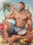  1boy ;p abs absurdres banana bara barefoot beach beard biceps bird black_eyes brown_hair buzz_cut carpet chest_hair cloud cloudy_sky coconut day dragon_fruit drinking_straw dripping facial_hair fang flower food fruit fruit_juice hairy highres large_pectorals leg_hair looking_at_viewer male_focus male_swimwear manly mature_male muscular muscular_male nipples ocean one_eye_closed original palm_tree pectorals petals saliva short_hair sitting sky solo spiked_hair spread_legs suamaru teeth thick_arms thick_eyebrows thick_thighs thighs tongue tongue_out tree very_short_hair wet 