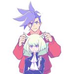  2boys androgynous animal_ears black_gloves blue_eyes blue_hair cat_boy cat_ears crossed_arms ear_grab eyebrows_visible_through_hair frown galo_thymos gloves green_hair lio_fotia looking_at_viewer male_focus mohawk multiple_boys promare purple_eyes red_sweater short_hair sidecut simple_background somu_ki sweater upper_body white_background 