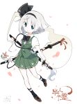  1girl aida_(aidia) black_bow bow bowtie brown_footwear commentary_request eyebrows_visible_through_hair eyes_visible_through_hair flower full_body green_eyes green_skirt green_vest hair_bow headband highres hitodama_print holding katana konpaku_youmu konpaku_youmu_(ghost) looking_at_viewer ofuda petals pleated_skirt pocket shoes short_hair short_sleeves skirt socks solo sword touhou translation_request vest weapon white_background white_hair 