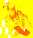  1boy antennae arthropod_boy clenched_teeth commentary_request cowboy_shot cropped_legs from_behind hand_up insect_wings ledian legs_apart male_focus minashirazu monochrome partial_commentary personification pokemon pokemon_(creature) sideways_mouth simple_background sketch solo standing teeth wings yellow_background 