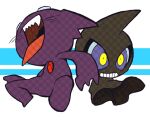  1other black_sclera blue_eyes blush chest_jewel colored_sclera colored_skin commentary_request demon full_body ghost grin head_back lowres minashirazu multicolored_eyes open_mouth partial_commentary pokemon pokemon_(creature) purple_eyes purple_skin sableye sharp_teeth shuppet simple_background sitting smile teeth tongue tongue_out two-tone_background white_background wide-eyed yellow_eyes 