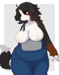  absurd_res angel_(ama) anthro bernese_mountain_dog big_breasts blush breasts breasts_out_of_clothes canid canine canis clothed clothing clothing_lift curvy_figure domestic_dog embarrassed exposed_breasts female hair hi_res kemono looking_away mammal molosser mountain_dog nipples shy slightly_chubby solo swiss_mountain_dog thick_thighs tokumori_kaisen tongue voluptuous 