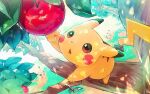  apple blurry branch brown_eyes commentary_request day food fruit grass in_tree kurokuma824 leaf looking_up no_humans open_mouth outdoors pikachu pokemon pokemon_(creature) tongue tree 