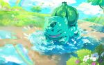  :d bulbasaur closed_eyes commentary_request fangs flower grass kurokuma824 no_humans open_mouth outdoors pokemon pokemon_(creature) puddle rainbow reflection smile tongue tree water white_flower 