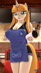  3d_(artwork) 9:16 anthroponiessfm apron bottomwear breasts chai_malai cleavage clothed clothing coffee_cup container cup digital_media_(artwork) equid equine freckles green_eyes hair hi_res horn i_mean_breast_milk inside looking_at_viewer mammal meme orange_hair pen shirt shorts source_filmmaker tank_top topwear unicorn 