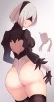  1girl ass back_cutout black_blindfold black_gloves black_legwear black_leotard blindfold breasts clothing_cutout commentary covered_eyes english_commentary from_behind gloves highleg highleg_leotard highres juliet_sleeves large_breasts leotard long_sleeves mixed-language_commentary nier_(series) nier_automata parted_lips pod_(nier_automata) profile puffy_sleeves sanukiske short_hair thighhighs thighs two-tone_leotard white_hair white_leotard yorha_no._2_type_b 