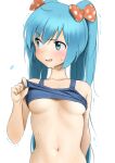  1girl arm_behind_back bangs bare_shoulders blue_bra blue_eyes blue_hair blue_nails blush bow bra bra_lift breasts clothes_lift embarrassed eyebrows_visible_through_hair flying_sweatdrops furuyama_itaru hair_bow hand_up hatsune_miku lifted_by_self long_hair looking_away looking_to_the_side motion_lines navel no_bra open_mouth orange_bow polka_dot polka_dot_bow red_bow shirt_lift simple_background sleeveless small_breasts solo stomach sweat trembling twintails underboob underwear underwear_only upper_body very_long_hair vocaloid white_background 