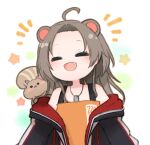  1girl animal_ears animal_on_shoulder brown_hair closed_eyes dog_tags fang forehead highres hololive jacket long_hair matsurisu natsuiro_matsuri open_mouth smile solo squirrel squirrel_ears squirrel_girl star_(symbol) tonton_(tonz159) upper_body virtual_youtuber 