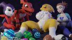  2022 3d_(artwork) anthro bacn bandai_namco being_watched big_breasts blush bodily_fluids breasts canid canine claws clothed clothing digimon digimon_(species) digital_media_(artwork) easter easter_egg egg female fox fur genitals group guilmon hair hi_res holidays human imp impmon looking_at_another male mammal markings nipples nude open_mouth oviposition pussy renamon rika_nonaka scalie simple_background smile spread_legs spreading toe_claws tongue topless topwear white_body white_fur yellow_body 