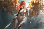  1girl amputee breasts bug butterfly completely_nude elden_ring floating_hair highres holding holding_sword holding_weapon long_hair looking_at_viewer malenia_blade_of_miquella malenia_goddess_of_rot navel nude prosthesis prosthetic_arm prosthetic_leg ragecndy red_hair simple_background solo sword very_long_hair weapon wings yellow_eyes 
