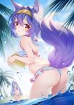  2girls animal_ear_fluff animal_ears ass back bare_arms bare_shoulders bikini blue_hair breasts bubble cellphone closed_eyes day fox_ears fox_girl fox_tail frilled_bikini frills hair_between_eyes hairband hatsuse_izuna highres holding holding_phone long_hair looking_at_viewer looking_back multiple_girls no_game_no_life outdoors pale_skin phone purple_hair red_eyes shiro_(no_game_no_life) short_hair small_breasts smartphone striped striped_bikini suaynnai_wanzi summer swimsuit tail thong_bikini very_long_hair wading water white_bikini yellow_hairband 