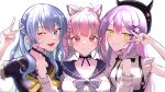  &gt;:) 3girls ahoge akutagawa_joo anchor_symbol animal_ears arm_around_shoulder beret blue_eyes blue_hair braid breasts bright_pupils cat_ears choker closed_mouth collarbone colored_inner_hair french_braid green_eyes hair_ornament hairclip hat highres hololive hoshimachi_suisei jitome long_hair looking_at_viewer minato_aqua multicolored_hair multiple_girls one_eye_closed open_mouth pink_eyes pink_hair purple_hair sailor_collar school_uniform simple_background sleeveless smile star-shaped_pupils star_(symbol) symbol-shaped_pupils tokoyami_towa tsurime twintails two-tone_hair upper_body v v-shaped_eyebrows v_over_eye virtual_youtuber white_background 