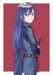  1girl armor bangs belt blue_cape blue_eyes blue_gloves blue_hair blue_sweater border brown_belt cape closed_mouth commentary_request falchion_(fire_emblem) fire_emblem fire_emblem_awakening gloves highres long_hair long_sleeves looking_at_viewer lucina_(fire_emblem) outside_border red_background ribbed_sweater shimizu_tomoki shoulder_armor simple_background smile solo sweater sword tiara weapon white_border 