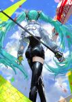  1girl ass banner black_legwear blue_hair blue_sky bodysuit cropped_jacket crossed_legs facing_away flag from_behind hatsune_miku highres holding holding_flag jacket kdm_(ke_dama) long_hair long_sleeves racing_miku racing_miku_(2022) single_thighhigh sky solo thighhighs twintails vocaloid watson_cross white_jacket 