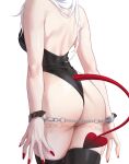  1girl ass ass_focus bangs bare_arms bare_shoulders black_leotard cocoro_moto cowboy_shot cuffs demon_girl demon_tail from_behind grey_background handcuffs highres leotard long_hair nail_polish original red_nails simple_background solo tail thighhighs white_hair 