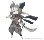  1other animal_ears animal_hood belt belt_pouch brown_belt brown_scarf copyright_request dual_wielding earrings full_body furry grey_jumpsuit highres holding holding_sword holding_weapon hood hood_up jewelry jumpsuit looking_at_viewer official_art over_shoulder oyabuli pouch scarf simple_background sword watermark weapon weapon_over_shoulder white_background white_hair yellow_eyes 