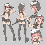  1girl :p absurdres belt black_gloves black_legwear boots gloves grey_background hat highres holster jakuzure_nonon kill_la_kill navel nudist_beach_uniform pantsu-ripper pink_eyes pink_hair short_hair shoulder_holster skull_print solo thighhighs tongue tongue_out utility_belt weapon 