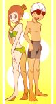  1boy 1girl arms_at_sides ass back-to-back bare_shoulders barefoot bikini black_male_swimwear breasts brown_hair butt_crack collarbone commentary_request from_behind full_body goggles green_bikini grey_eyes hair_bun hair_tie hand_up looking_at_viewer looking_back male_swimwear minashirazu open_mouth pokemon pokemon_(game) pokemon_bw short_hair sidelocks sideways_mouth small_breasts standing sweat swim_cap swim_trunks swimmer_(pokemon) swimsuit swimwear topless_male two-tone_background white_headwear yellow_background 