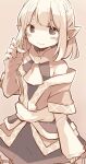  1girl arm_warmers bangs blush closed_mouth cowboy_shot eyebrows_visible_through_hair highres long_sleeves looking_at_viewer mizuhashi_parsee monochrome mukuroi outline pointy_ears scarf shirt short_hair simple_background skirt solo touhou white_outline 