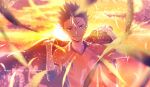  1boy bangs black_hair blonde_hair brown_eyes character_name dyed_bangs elbow_pads feathers haikyuu!! happy_birthday holding kei_(space_sonic) lens_flare looking_at_viewer male_focus motion_blur nishinoya_yuu smile solo sparkle spiked_hair sportswear sunset upper_body volleyball_uniform 
