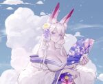 1girl animal_ear_fluff animal_ears bangs breasts cleavage closed_mouth cloud cloud_background colored_skin english_commentary expressionless eyebrows_visible_through_hair fox_ears fox_girl hair_over_breasts hand_fan highres holding holding_fan japanese_clothes kalle21 kimono large_breasts long_hair looking_at_viewer original pink_nails pink_skin platform_footwear purple_eyes solo upper_body 