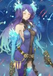  1girl blue_fire breasts brighid_(xenoblade) center_opening closed_eyes collarbone curvy dress elbow_gloves fadingz fiery_hair fire gloves hat highres large_breasts long_hair looking_at_viewer purple_dress purple_eyes purple_hair simple_background smile solo thighhighs very_long_hair weapon whip_sword xenoblade_chronicles_(series) xenoblade_chronicles_2 