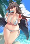  1girl absurdres ahoge bare_arms beach bikini bird_wings black_wings blue_sky bow breasts brown_hair caustics cleavage cloud collarbone day eating eyebrows_visible_through_hair feathered_wings feet_out_of_frame food food_in_mouth green_bow hair_between_eyes hair_bow head_tilt highres huge_breasts long_hair mikomo0106 navel outdoors palm_tree popsicle popsicle_in_mouth red_eyes reiuji_utsuho side-tie_bikini sky solo swimsuit thighs touhou tree water white_bikini wings 