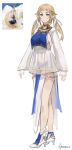  1girl bangs blue_eyes blunt_bangs breast_curtain closed_mouth dress english_text full_body high_heels highres long_sleeves looking_at_viewer personification pointy_ears side_slit signature simple_background smile solo unsomnus white_background white_dress white_footwear 