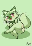  absurd_res anthro big_breasts blush breasts butt digital_media_(artwork) domestic_cat fangs felid feline felis female flag_(pixiv) fur genitals green_background green_body green_fur green_tail hi_res looking_at_viewer lying mammal nintendo nude open_mouth paws pok&eacute;mon pok&eacute;mon_(species) pussy red_eyes short_stack simple_background solo sprigatito video_games 