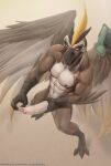  abs anthro avian beak benedict_(battleborn) body_hair chest_hair digitigrade foreskin genitals happy_trail humanoid_genitalia humanoid_penis looking_at_viewer male muscular muscular_male nipples nude penis solo spelunker_sal standing text url wings 