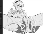  1girl aegis_(persona) android anus arm_support bow bowtie breasts hair_between_eyes highres joints looking_at_viewer monochrome nipples persona persona_3 pussy robot_joints short_hair solo spooki spread_legs user_interface white_background 