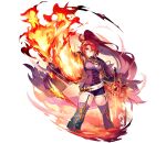  1girl belt breasts cape cleavage corset elbow_gloves eyebrows_visible_through_hair fingerless_gloves fire flame floating_cape fur_trim garter_straps gloves high_ponytail highres large_breasts littu_(phantom_of_the_kill) long_hair looking_at_viewer official_art phantom_of_the_kill red_hair serious shorts sword thighhighs very_long_hair weapon yellow_eyes 
