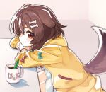  1girl :3 animal_ears bone_hair_ornament cartoon_bone closed_mouth coffee commentary_request cup dog_ears dog_girl dog_tail hair_ornament hololive inugami_korone jacket long_sleeves looking_at_viewer red_eyes sakino_shingetsu short_hair smile solo tail virtual_youtuber yellow_jacket 