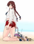  abyssal_ship bangs bikini bikini_under_clothes braid breasts brown_hair enemy_naval_mine_(kancolle) furufuru_fugu green_eyes highres kantai_collection kneeling looking_at_viewer medium_breasts noshiro_(kancolle) official_alternate_costume one-hour_drawing_challenge red_shorts sandals shirt shorts swept_bangs swimsuit swimsuit_under_clothes teeth tentacles tied_shirt twin_braids white_shirt 