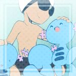  &gt;_&lt; 1boy ^_^ black_male_swimwear blue_background blush border chibi closed_eyes closed_mouth commentary_request goggles gradient gradient_background hand_on_another&#039;s_head hands_up happy headpat jumping light_blush lowres male_focus male_swimwear minashirazu pokemon pokemon_(creature) pokemon_(game) pokemon_bw sideways_mouth simple_background sitting smile spread_legs swim_cap swim_trunks swimmer_(pokemon) topless_male white_headwear wooper 