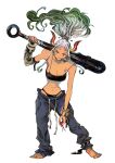  1girl breasts curled_horns denim earrings full_body green_hair hair_ornament hair_stick highres horns jeans jewelry long_hair looking_at_viewer makenevemoiine multicolored_hair multicolored_horns one_piece oni pants red_horns simple_background smile solo underwear weapon white_hair yamato_(one_piece) 