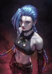  1girl absurdres arcane:_league_of_legends bare_shoulders belt blue_eyes blue_hair braid breasts collarbone cowboy_shot highres jerry_loh jinx_(league_of_legends) league_of_legends long_hair looking_at_viewer midriff navel shadow small_breasts solo sparks tattoo twin_braids very_long_hair 