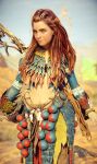  aloy_(horizon) bodypaint dreadlocks game_console highres horizon_forbidden_west horizon_zero_dawn long_hair navel non-web_source playstation red_hair smile tattoo tribal tribal_tattoo 