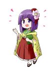 1girl bangs blunt_bangs bob_cut book chibi commentary_request flower frilled_skirt frills full_body green_kimono hair_flower hair_ornament happy hieda_no_akyuu holding holding_book japanese_clothes kimono kousei_(public_planet) long_sleeves open_mouth purple_eyes purple_hair red_skirt sandals simple_background skirt socks touhou white_background white_legwear wide_sleeves yellow_kimono 