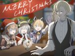  1girl 3girls :o animal_ears bangs black_vest blonde_hair blue_eyes blue_gloves blush braid brown_gloves cat_ears character_request chinese_commentary christmas earrings eyebrows_visible_through_hair fake_animal_ears finellen fnc_(girls&#039;_frontline) girls&#039;_frontline girls&#039;_frontline_neural_cloud gloves green_eyes hair_ribbon hat highres idw_(girls&#039;_frontline) jewelry ksvk_(girls&#039;_frontline) light_blue_eyes light_brown_hair long_hair looking_at_another looking_away merry_christmas multiple_girls multiple_views open_mouth ribbon santa_hat shirt silver_gloves silver_hair smile star-shaped_pupils star_(symbol) symbol-shaped_pupils upper_body vest white_shirt 