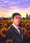  1boy badge black_eyes black_hair black_jacket black_necktie black_suit collared_shirt dress_shirt field flower flower_field formal highres higuruma_hiromi jacket jujutsu_kaisen kentret looking_to_the_side male_focus necktie outdoors parted_lips shirt short_hair solo standing suit sunflower sunlight sunset tree twitter_username upper_body watermark white_shirt yellow_flower 