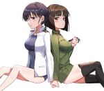  2girls back-to-back bangs black_eyes black_hair black_legwear blunt_bangs blush breasts brown_eyes brown_hair etou_toshiko from_side highres holding_another&#039;s_hair holding_hands jacket kitagou_fumika large_breasts long_hair looking_at_viewer medium_breasts medium_hair mejina military military_uniform multiple_girls ponytail school_swimsuit shiny shiny_skin swimsuit thighhighs thighs uniform white_background white_jacket world_witches_series 