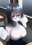  1girl bangs black_hair blue_eyes blush bra bra_visible_through_clothes breasts character_request classroom copyright_request glasses highres large_breasts looking_at_viewer nekobaka open_mouth rain see-through see-through_shirt shirt sitting skirt straight_hair towel underwear wet wet_clothes wet_hair wet_shirt 