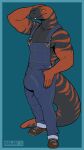  2022 9:16 anthro black_body blue_background bulge clothing detailed_bulge genital_outline hand_on_head hi_res looking_at_viewer male multicolored_body muscular muscular_anthro muscular_male omari orange_body orange_eyes overalls overalls_only pecs penis_outline pupils reptile scalie simple_background slit_pupils solo striped_body stripes two_tone_body 