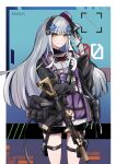  1girl absurdres assault_rifle bangs closed_mouth eyebrows_visible_through_hair feet_out_of_frame girls&#039;_frontline gloves green_eyes gun h&amp;k_hk416 hair_ornament hair_ribbon hairband hairclip hat highres hk416_(girls&#039;_frontline) light_blue_hair long_hair looking_at_viewer mini_hat r9k1 ribbon rifle shading_eyes smile solo standing tactical_clothes teardrop_facial_mark teardrop_tattoo weapon white_gloves 