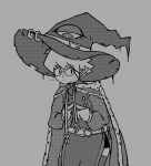  1_eye animate_inanimate cape clothing dragon_hilt eyewear glasses hair halftone hat headgear headwear hi_res human living_clothing magic_user male mammal not_furry pough simple_background simple_eyes spiky_hair witch witch_hat 