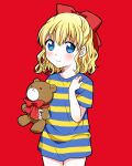  1girl blonde_hair blue_eyes bow closed_mouth hair_bow looking_at_viewer mother_(game) mother_2 ouba_reiya paula_(mother_2) red_background shirt short_hair simple_background smile solo striped striped_shirt stuffed_animal stuffed_toy teddy_bear 